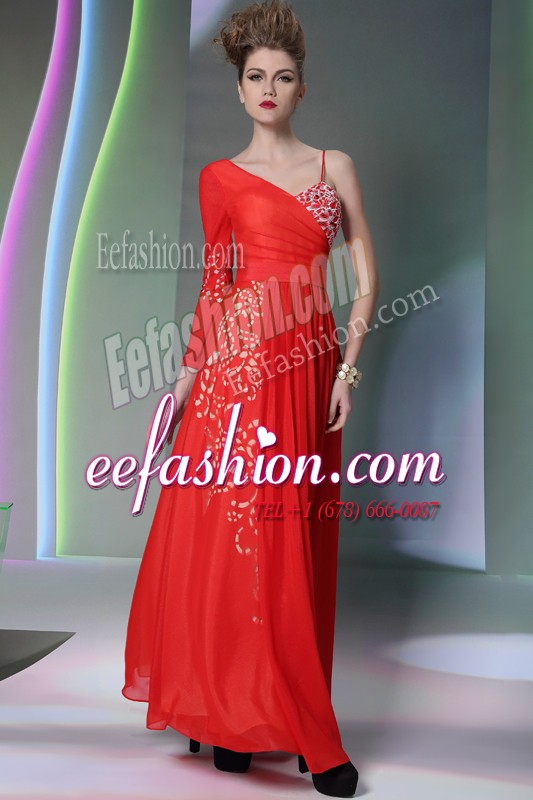  Coral Red Long Sleeves Floor Length Beading and Embroidery Side Zipper Evening Dress