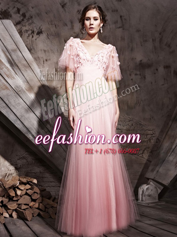 New Arrival Baby Pink Zipper V-neck Lace and Appliques Prom Evening Gown Chiffon Half Sleeves