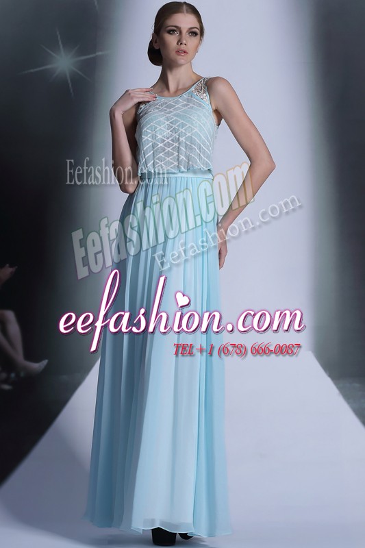  Column/Sheath Prom Dress Light Blue Scoop Chiffon Sleeveless Floor Length Side Zipper