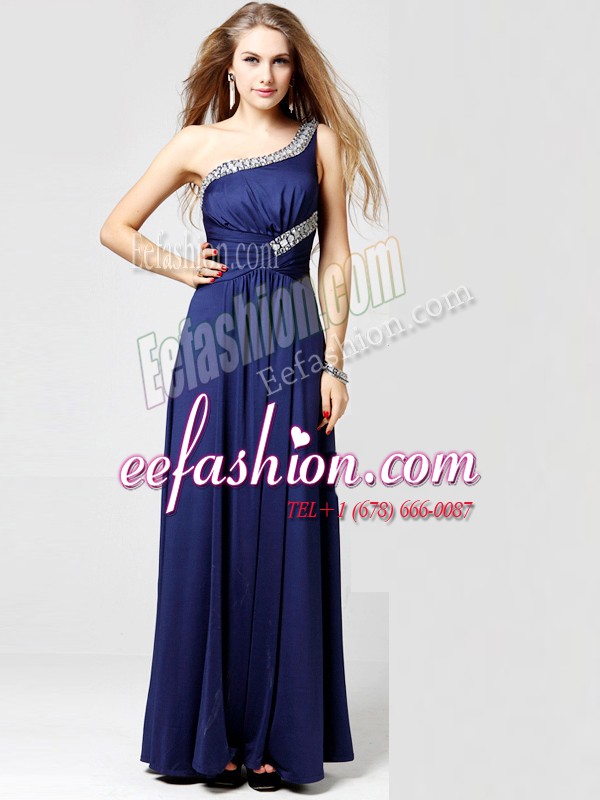 Romantic Blue Prom Gown Prom and Party and For with Beading and Ruching One Shoulder Sleeveless Side Zipper
