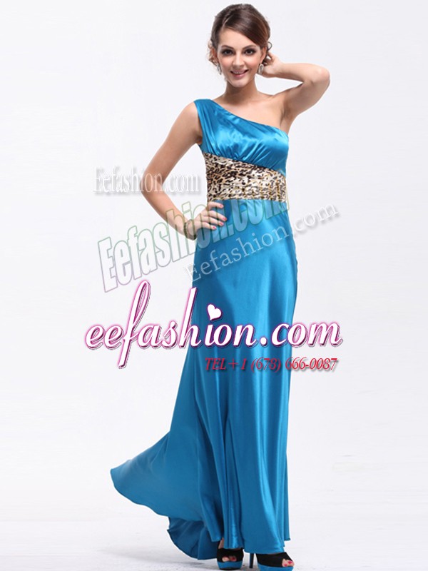  One Shoulder Baby Blue Side Zipper Prom Dresses Ruching Sleeveless Floor Length