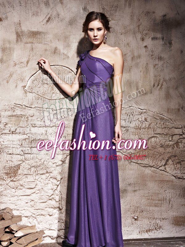  One Shoulder Cap Sleeves Chiffon Floor Length Side Zipper Prom Dress in Purple with Ruching