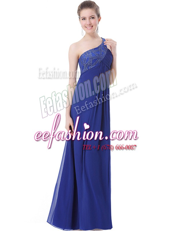 Custom Design One Shoulder Blue Criss Cross Celebrity Style Dress Beading Sleeveless Floor Length