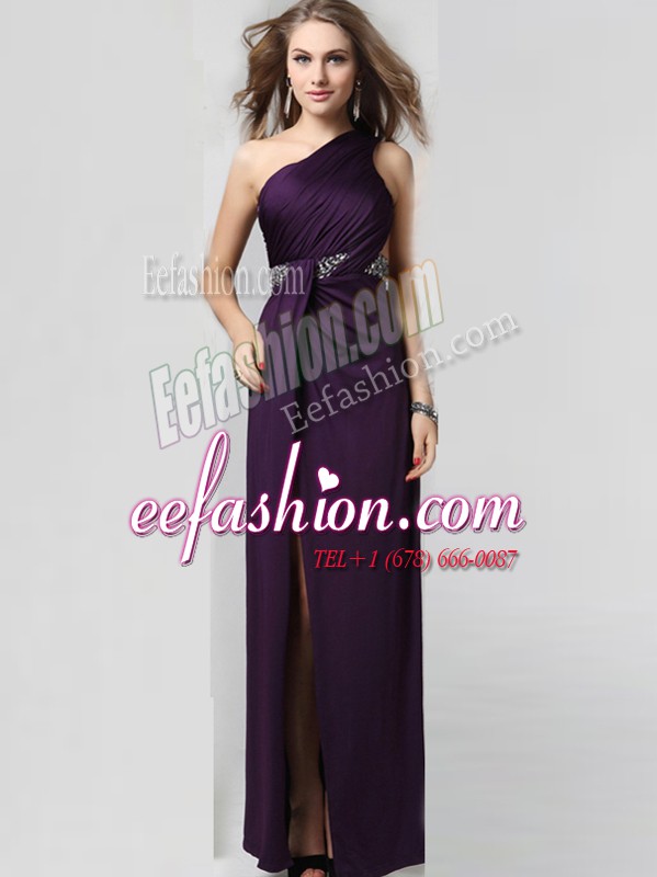 Exquisite One Shoulder Floor Length Criss Cross Oscars Dresses Purple for Prom and Party with Beading