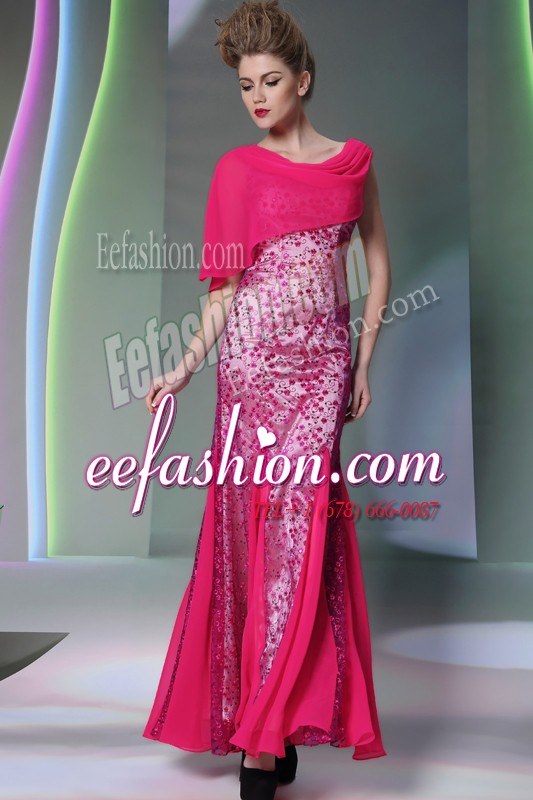  Scoop Hot Pink Mermaid Beading Celebrity Dress Zipper Tulle Sleeveless Floor Length