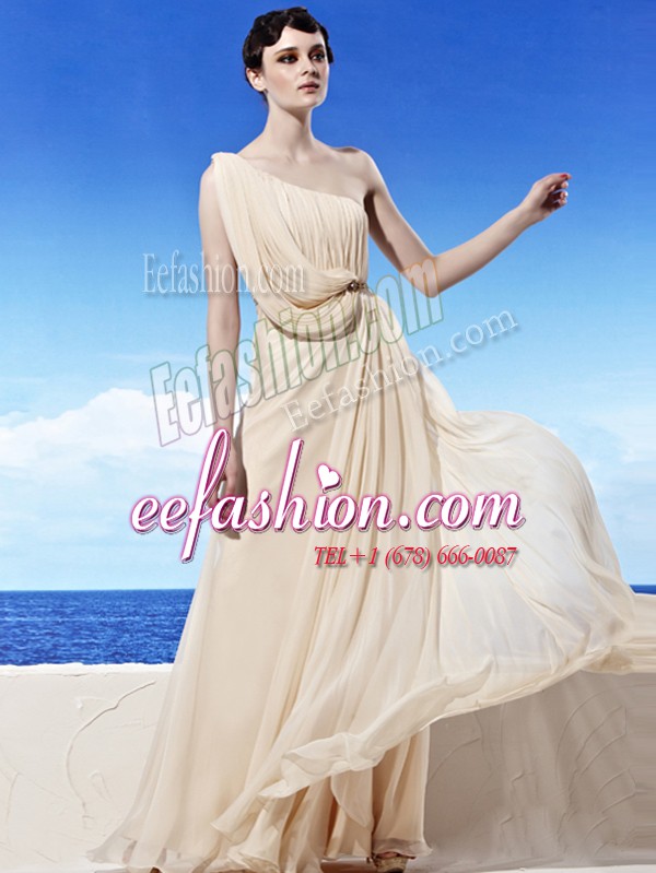  One Shoulder Floor Length Side Zipper Champagne for Prom and Party with Beading and Ruching