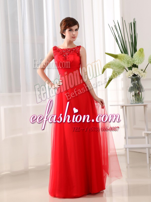  Coral Red Tulle Zipper Scoop Sleeveless Floor Length Evening Gowns Beading and Appliques