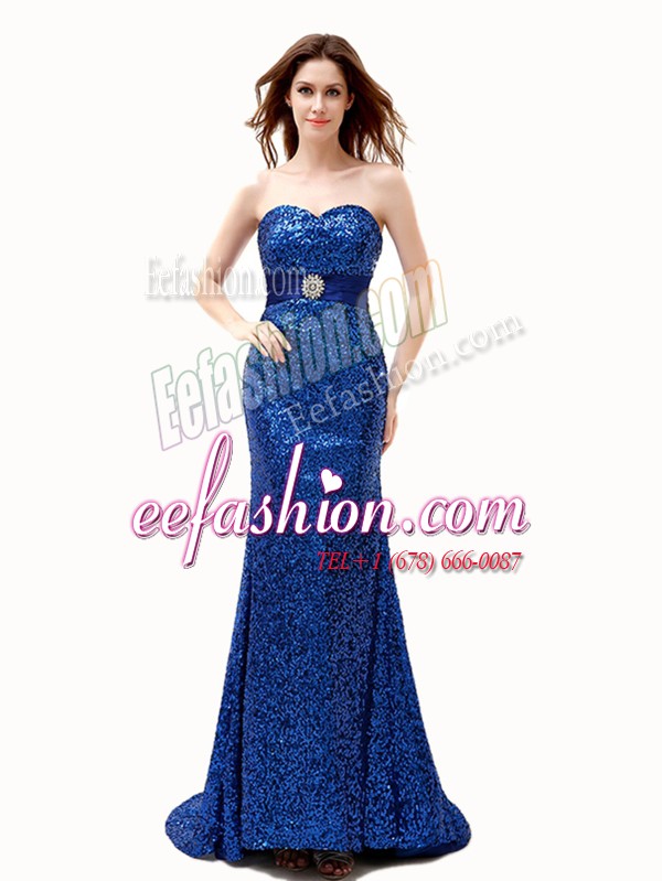  Mermaid Royal Blue Lace Up Prom Dresses Beading and Belt Sleeveless With Brush Train