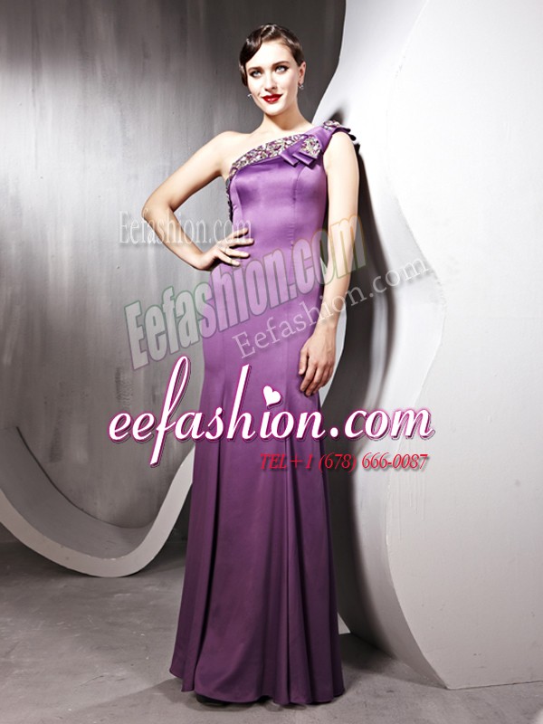  One Shoulder Floor Length Side Zipper Evening Dress Lilac for Prom and Party with Beading