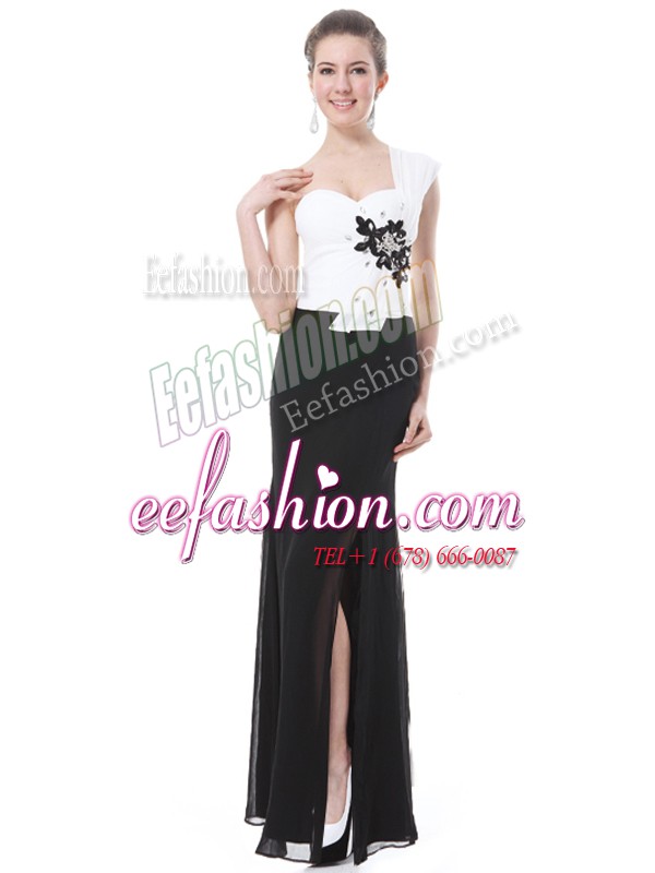 Luxury White And Black Zipper One Shoulder Beading and Hand Made Flower Dress for Prom Chiffon Sleeveless
