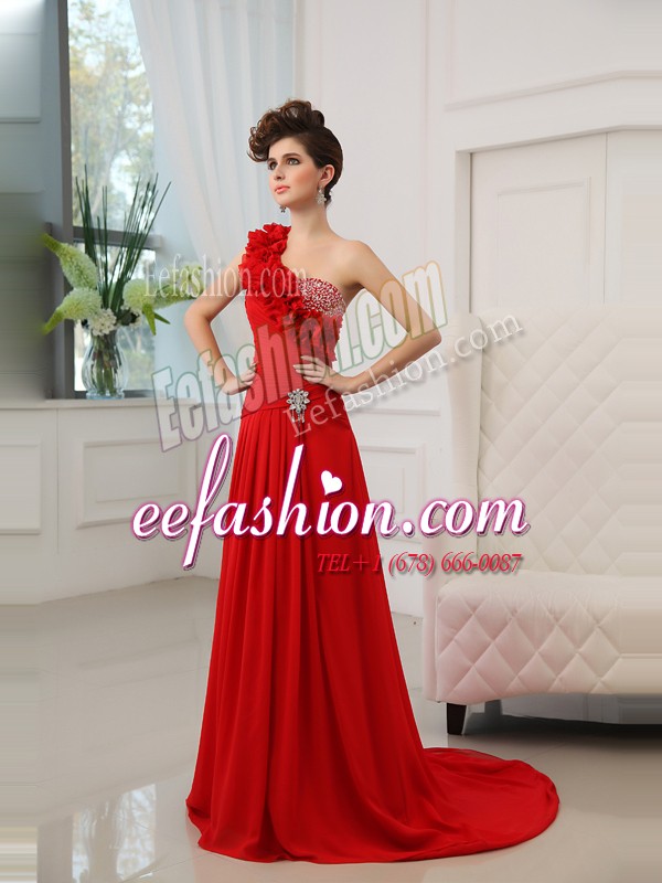 Edgy With Train Red Evening Dress One Shoulder Sleeveless Court Train Zipper