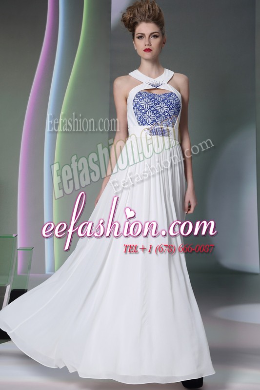  Halter Top Floor Length Zipper Dress for Prom White for Prom and Party with Beading and Embroidery