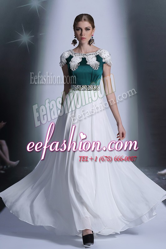 Traditional Scoop Cap Sleeves Prom Gown Floor Length Appliques White Chiffon