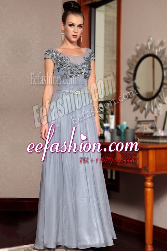 Latest Scoop Cap Sleeves Beading and Sequins and Ruching and Belt Side Zipper Evening Dress