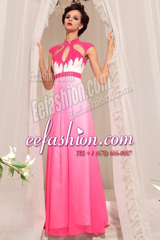  High-neck Sleeveless Homecoming Dress Floor Length Beading Hot Pink Chiffon