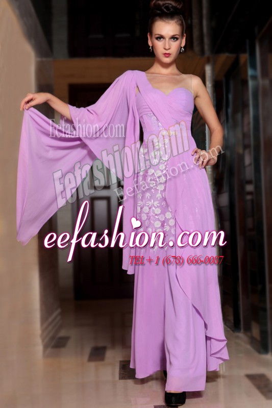 Edgy Lilac Column/Sheath Square Half Sleeves Chiffon Ankle Length Side Zipper Beading and Ruching 