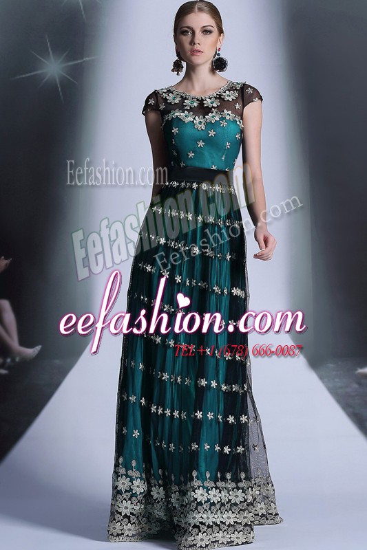  Scoop Teal Empire Appliques and Pleated Prom Dress Side Zipper Organza Cap Sleeves Floor Length