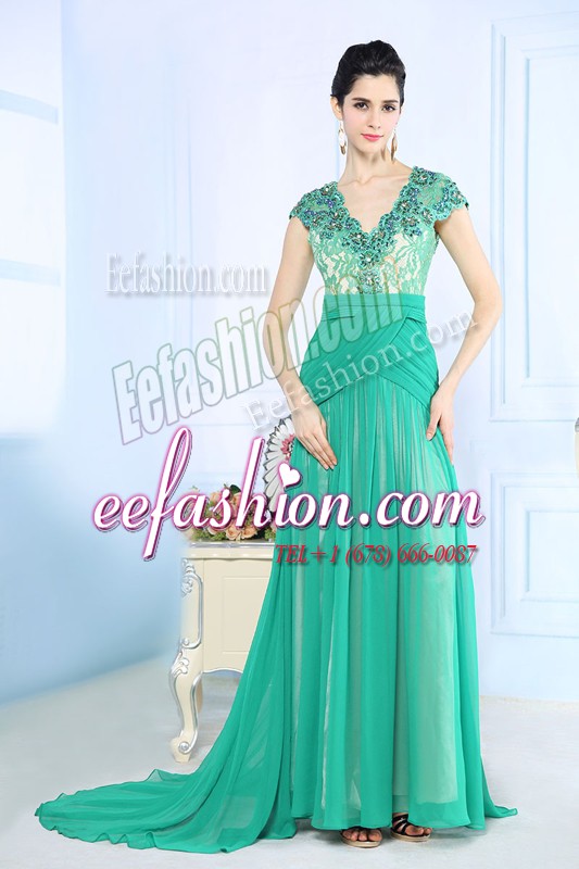 Fitting With Train Side Zipper Pageant Gowns Turquoise for Prom and Party with Beading and Lace and Ruching Brush Train