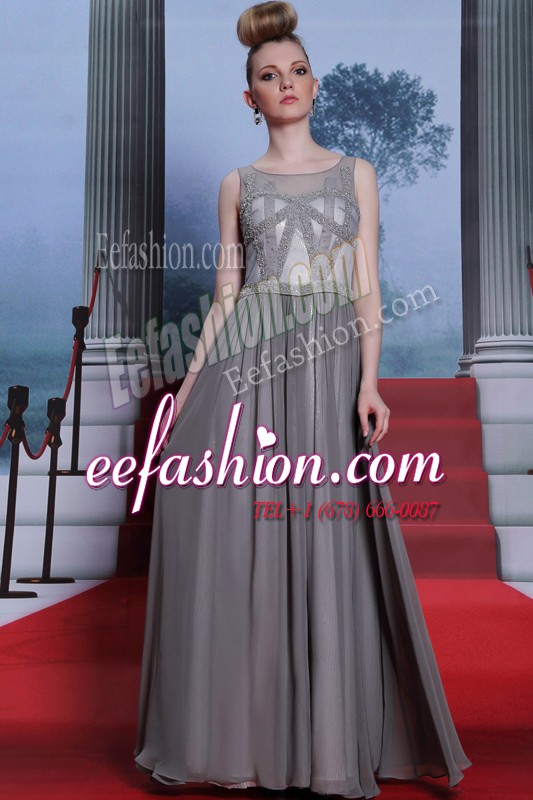 Fashion Scoop Grey Chiffon Side Zipper Prom Evening Gown Sleeveless Floor Length Beading