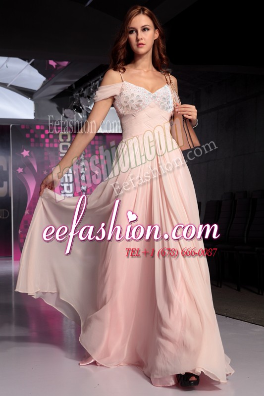 Fashionable Pink Short Sleeves Floor Length Beading and Ruching Backless Homecoming Dress