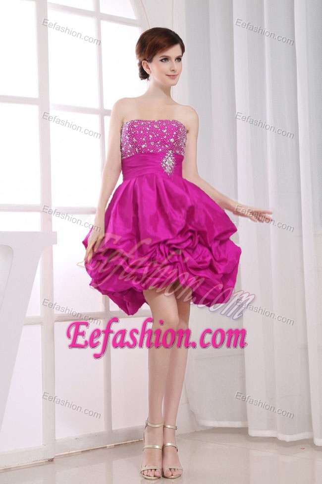 Beaded A-Line Strapless Fuchsia Mini Prom Dress for Women with Pick-ups