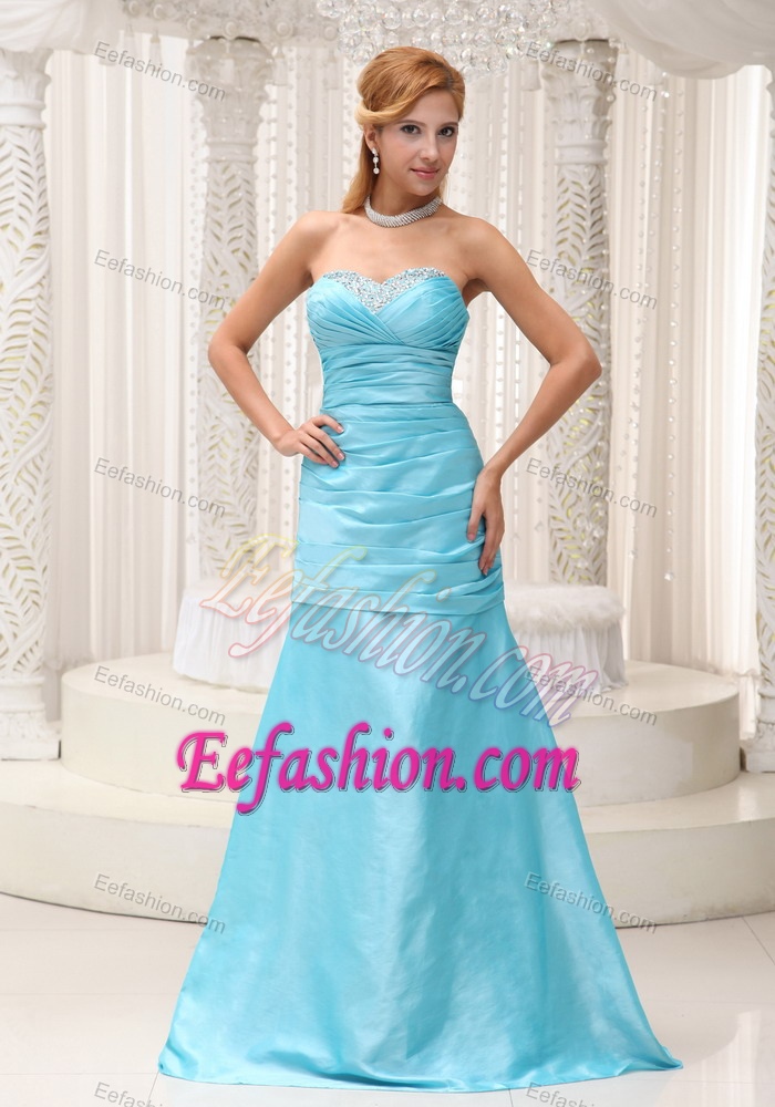 Ruching and Beading Decorated A-line Aqua Blue Prom Dresses in Long
