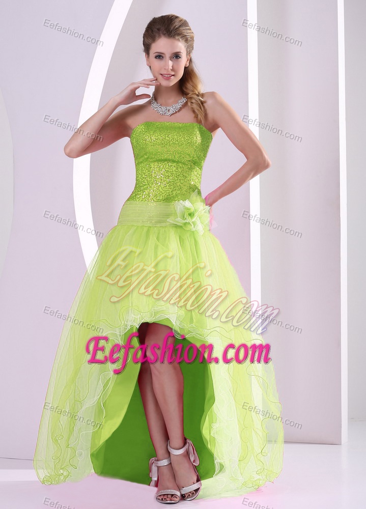 Yellow Green Sequins Decorated Grad Prom Dresses with Flower and High-low