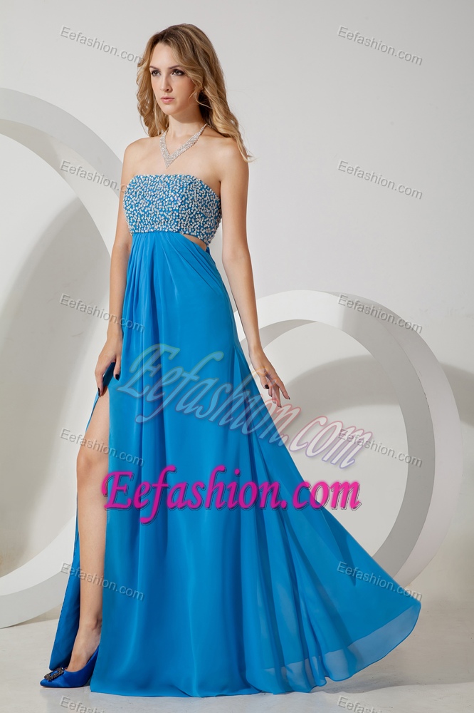 Best Seller Strapless Sky Blue High Slit Prom Pageant Dresses with Beading