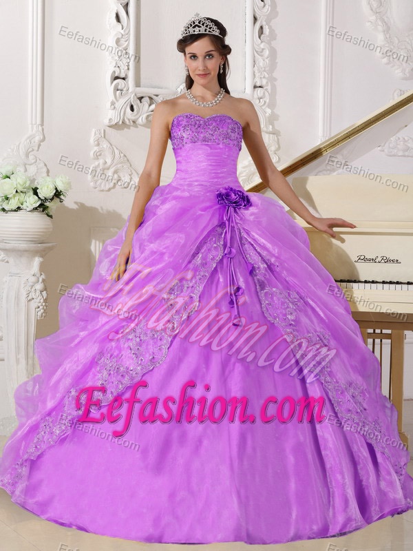 Strapless Organza Quince Gowns with Embroidery and Beadings in Lavender