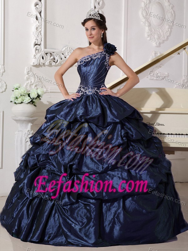 Glitz One Shoulder Quinceanera Gowns Pick-ups and Appliques in Navy Blue