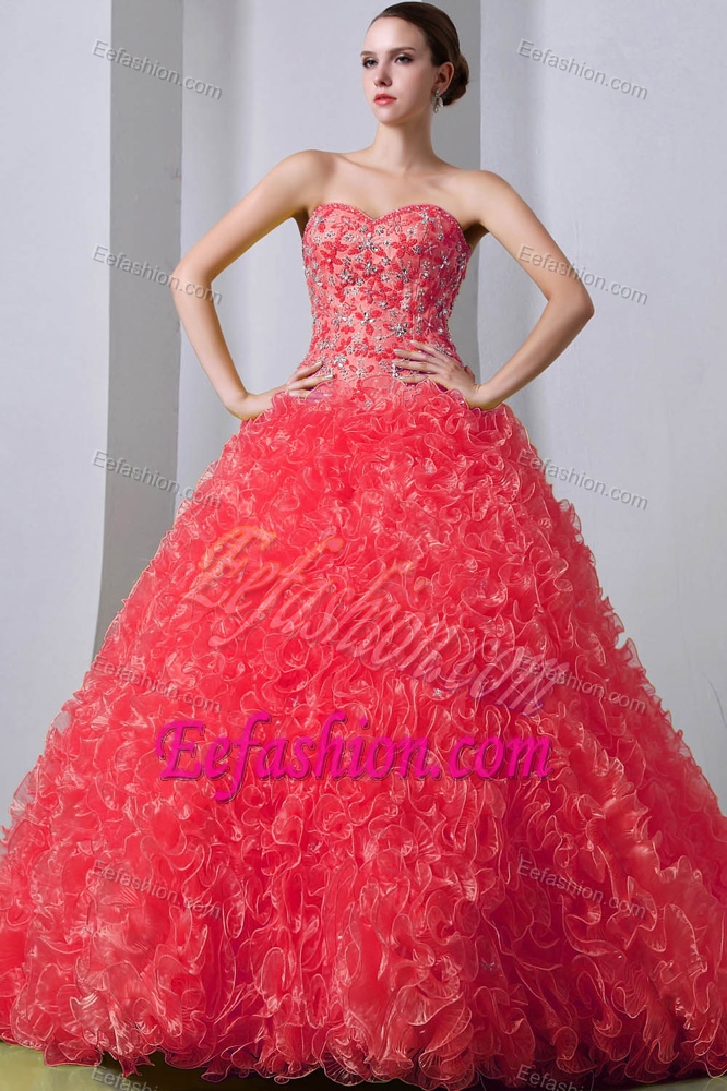 Watermelon A-line Sweet Sixteen Quinceanera Dress with Beads and Ruffles