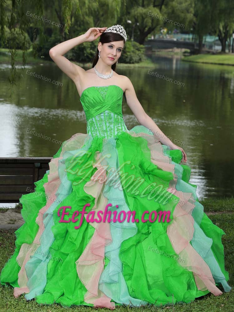 Multi-colored Strapless Dress for Quince with Beadings and Ruffles in Organza