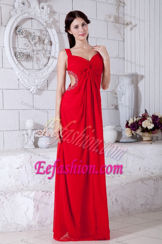 Affordable Red Beaded and Ruched Prom Dress for Tall Girls