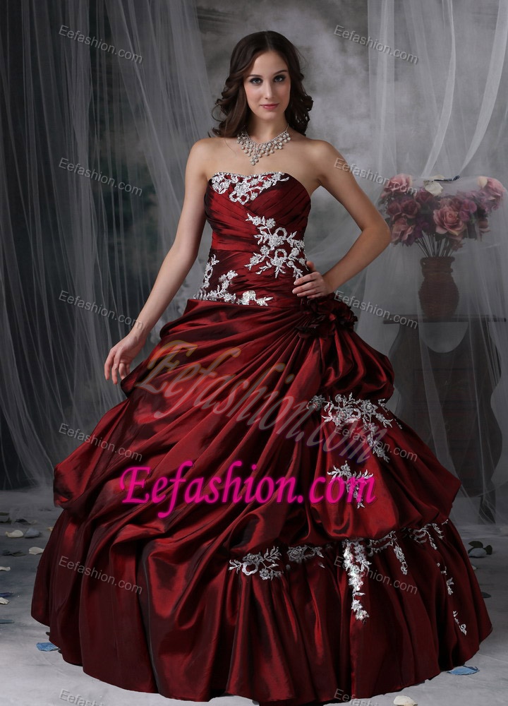 Ball Gown Appliqued Wine Red Quinceanera Dress Strapless Floor Length