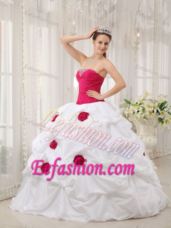 Necessary Hot Pink and White Strapless Long Quinceanera Dress in Taffeta