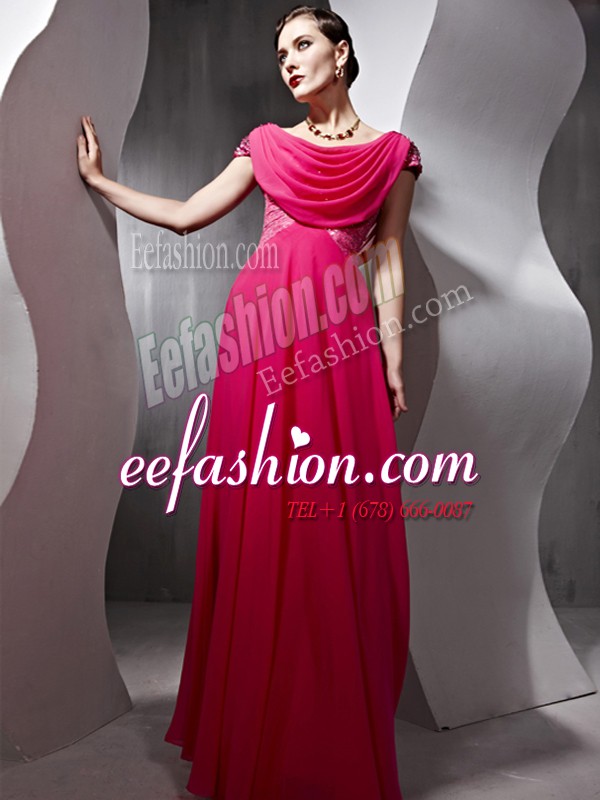 Dazzling Hot Pink Column/Sheath Scoop Cap Sleeves Chiffon Floor Length Side Zipper Beading and Ruching Evening Dress