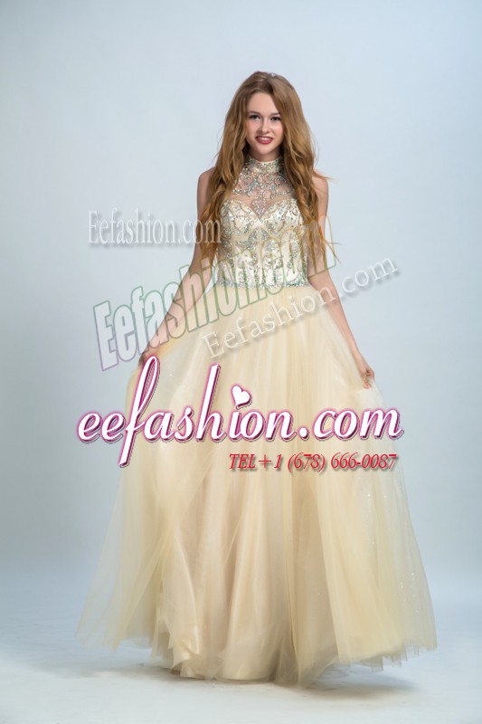  Floor Length Champagne Prom Evening Gown High-neck Sleeveless Zipper