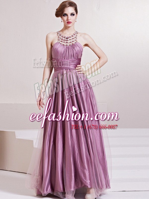 Custom Fit Scoop Floor Length Lilac Prom Gown Taffeta Sleeveless Beading and Ruching