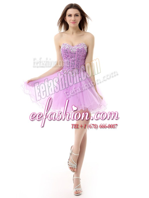  Lilac Lace Up Prom Dress Beading Sleeveless Knee Length