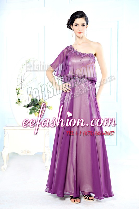 Affordable Purple Chiffon Side Zipper One Shoulder Half Sleeves Floor Length Prom Dress Beading