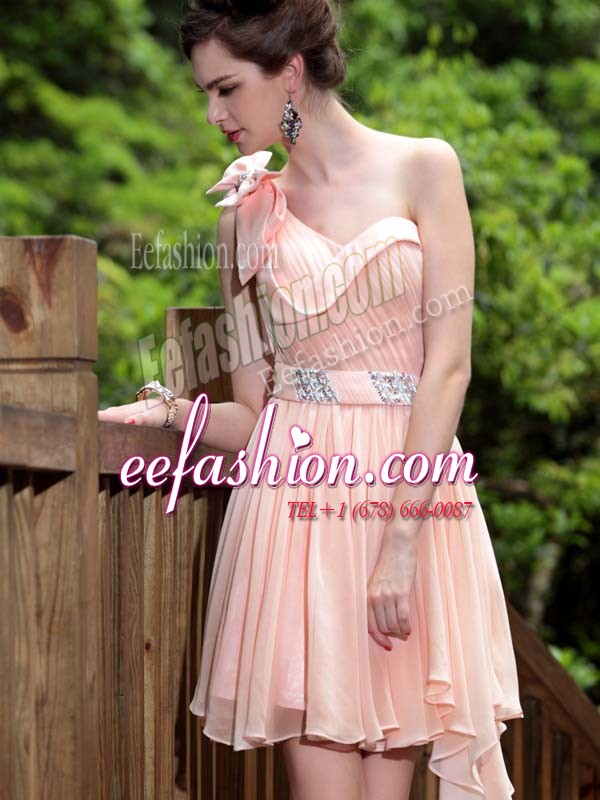 Fantastic Pink Column/Sheath One Shoulder Sleeveless Chiffon Floor Length Side Zipper Beading Prom Evening Gown