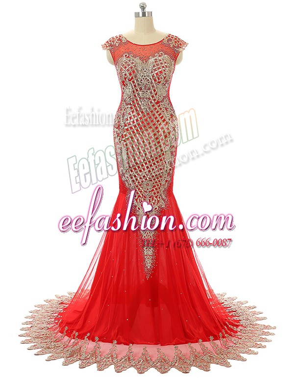  Satin Scoop Sleeveless Brush Train Zipper Beading and Lace Prom Party Dress in Red