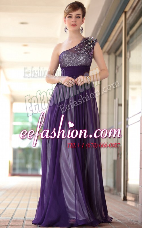  One Shoulder Purple Sleeveless Chiffon Side Zipper Prom Gown for Prom and Party