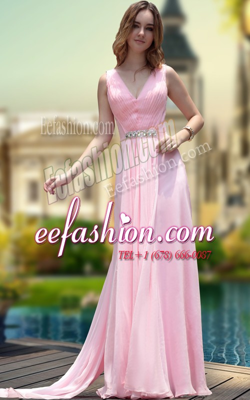 Flirting Pink Sleeveless Floor Length Beading Zipper Red Carpet Prom Dress