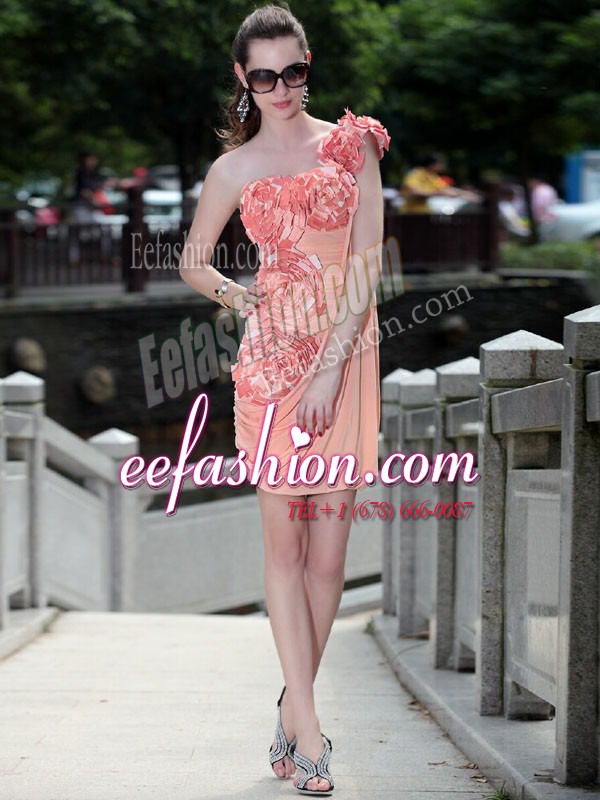  Peach Zipper Prom Evening Gown Ruching and Hand Made Flower Sleeveless Knee Length