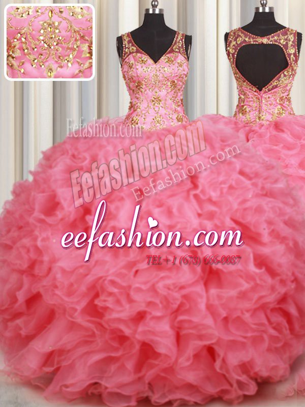 Fancy Sleeveless Floor Length Beading and Ruffles Backless 15 Quinceanera Dress with Pink