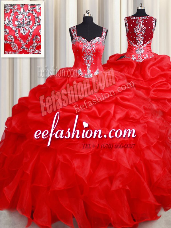 Elegant Straps Floor Length Zipper Sweet 16 Dress Red for Military Ball and Sweet 16 and Quinceanera with Beading and Ruffles
