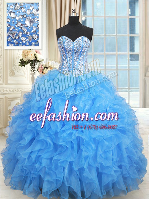  Floor Length Baby Blue Vestidos de Quinceanera Satin and Organza Sleeveless Beading and Ruffles and Ruffled Layers