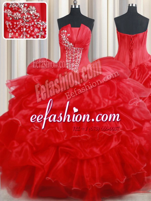  Pick Ups Floor Length Ball Gowns Sleeveless Red Sweet 16 Dresses Lace Up