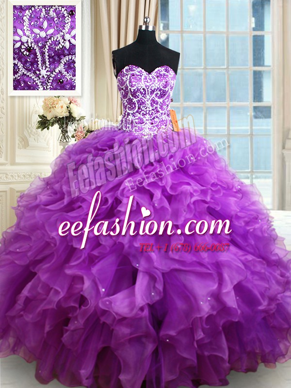 Glamorous Eggplant Purple Ball Gowns Organza Sweetheart Sleeveless Beading and Ruffles Floor Length Lace Up Ball Gown Prom Dress